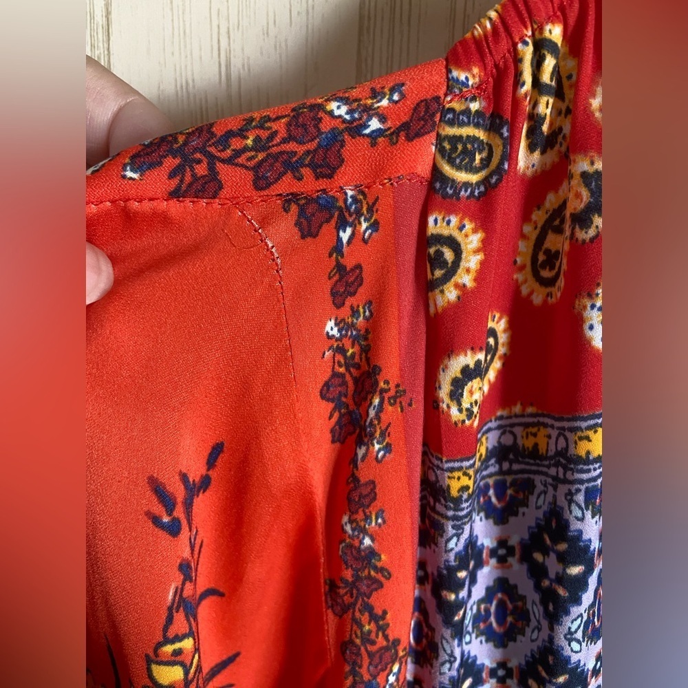 FREE PEOPLE Positano Printed Blouse in Red Orange Floral Sz Large - Picture 7 of 12